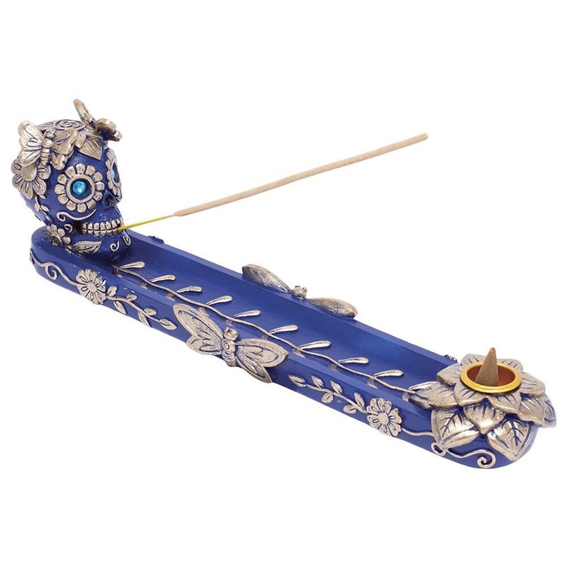 Fujima Golden Blue Skull &amp; Butterfly Stick &amp; Cone Poly Resin Incense Burner - 11”
