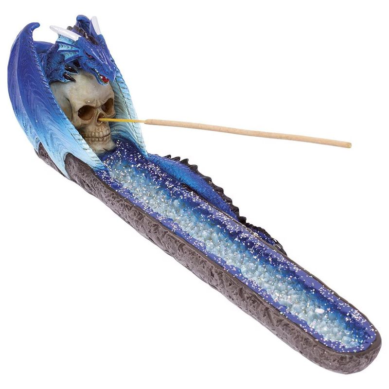 Fujima Blue Dragon on Skull Crystal Stick &amp; Cone Polyresin Incense Burner - 11”