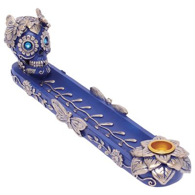 Fujima Golden Blue Skull &amp; Butterfly Stick &amp; Cone Poly Resin Incense Burner - 11”