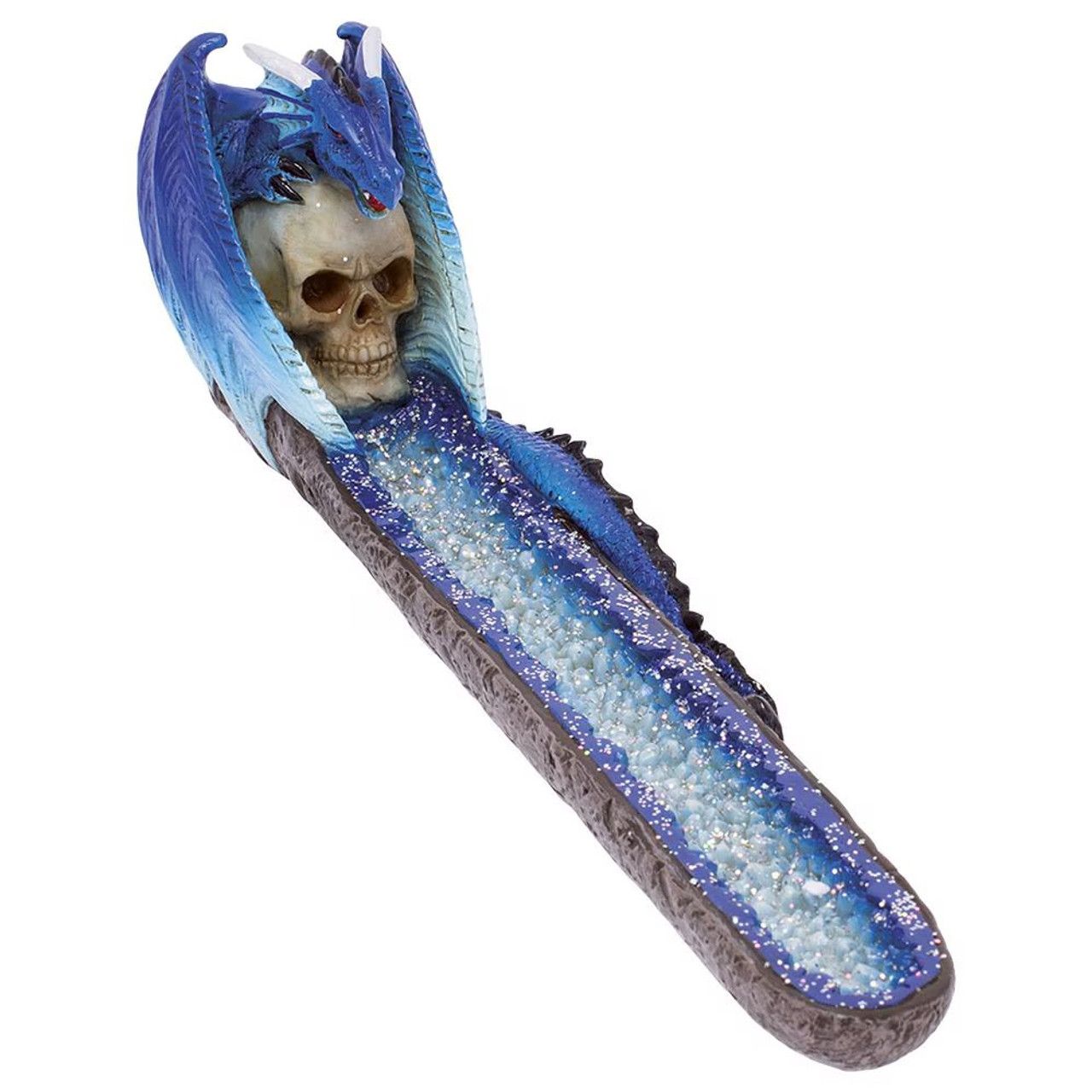 Fujima Blue Dragon on Skull Crystal Stick &amp; Cone Polyresin Incense Burner - 11”