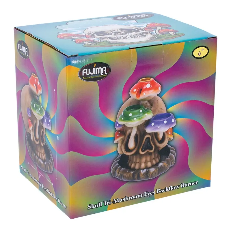 Fujima Tri-Mushroom Skull Backflow Incense Burner 6”