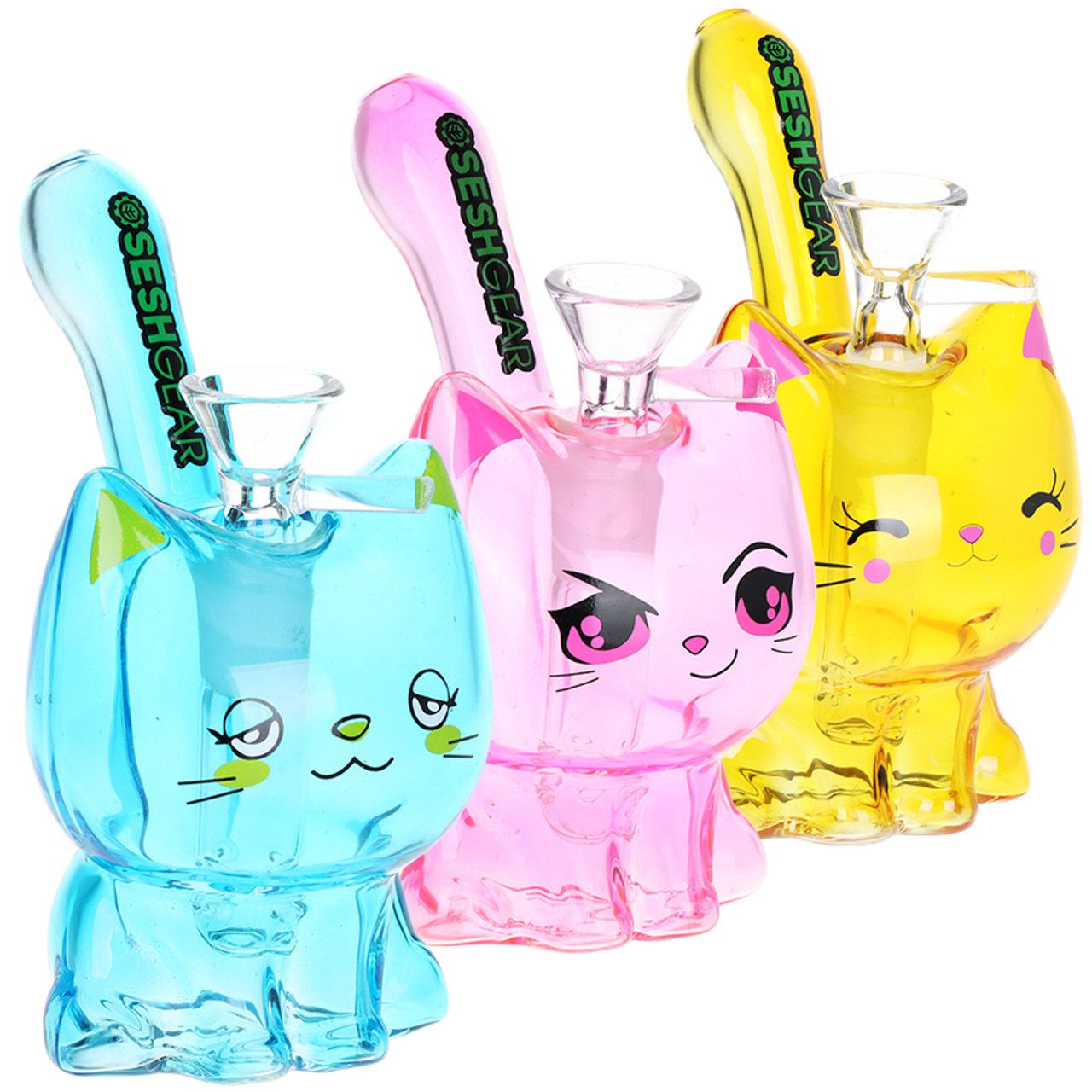 SeshGear Kitty Cat Glass Water Pipe 5.5” Colours Vary