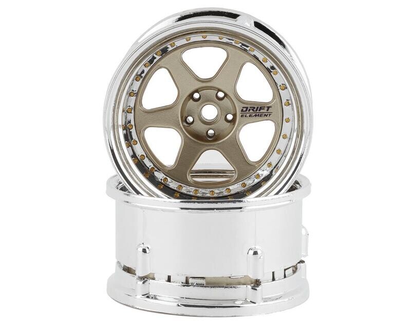 DSC-DE-216 DS Racing Drift Element 6 Spoke Drift Wheels (Gold &amp; Chrome w/Gold Rivets) (2) (Adjustable Offset) w/12mm Hex