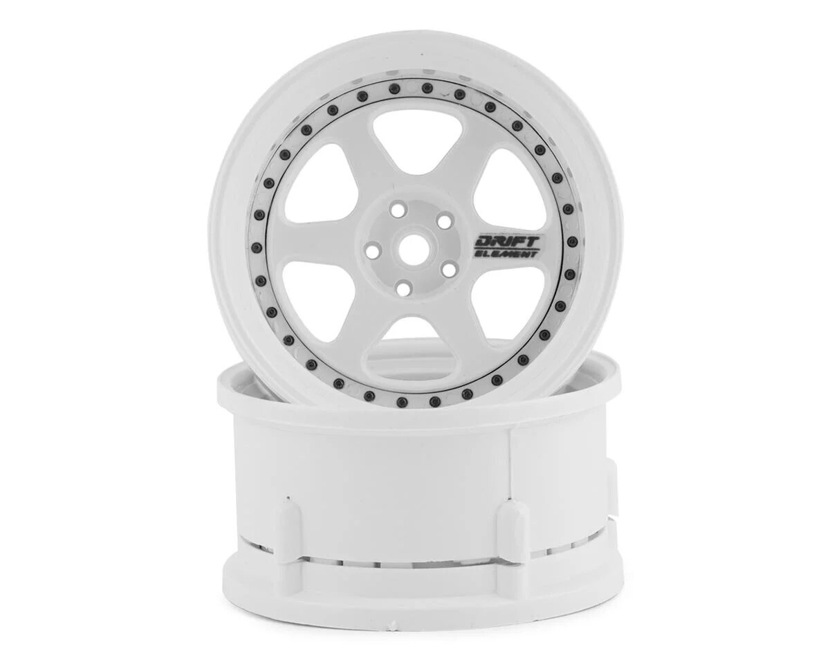 DE-202 DS Racing Drift Element 6 Spoke Drift Wheels (Triple White w/Black Rivets) (2) (Adjustable Offset) w/12mm Hex