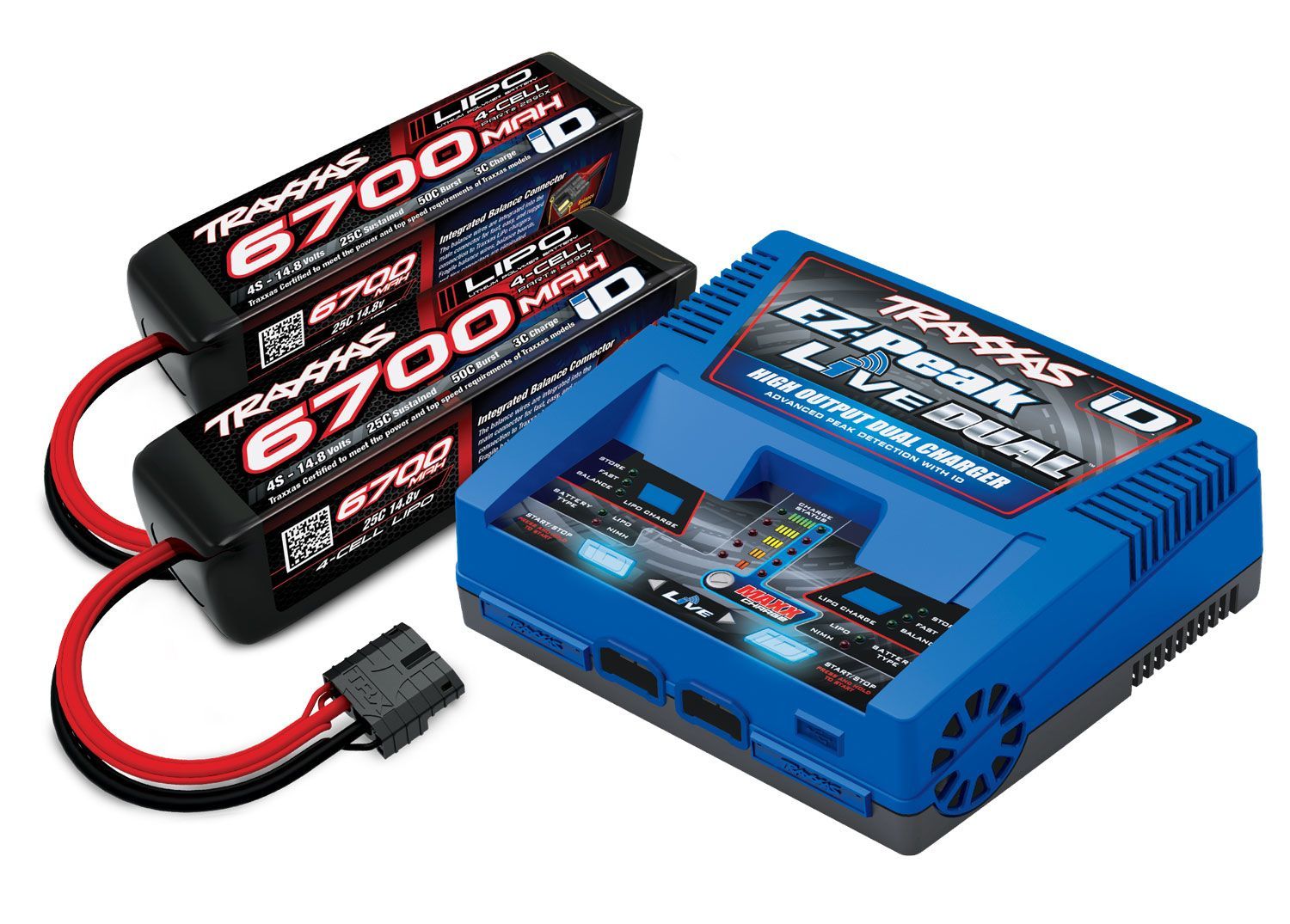 2997 - Battery/charger completer pack (includes #2973 Dual iD charger (1), #2890X 6700mAh 14.8V 4-cell 25C LiPo battery (2))