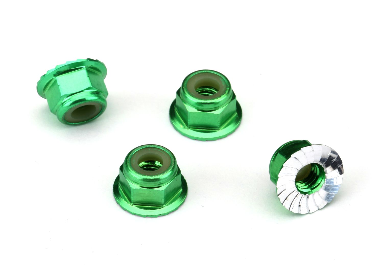 1747G Nuts, aluminum, flanged, serrated (4mm) (green-anodized) (4)