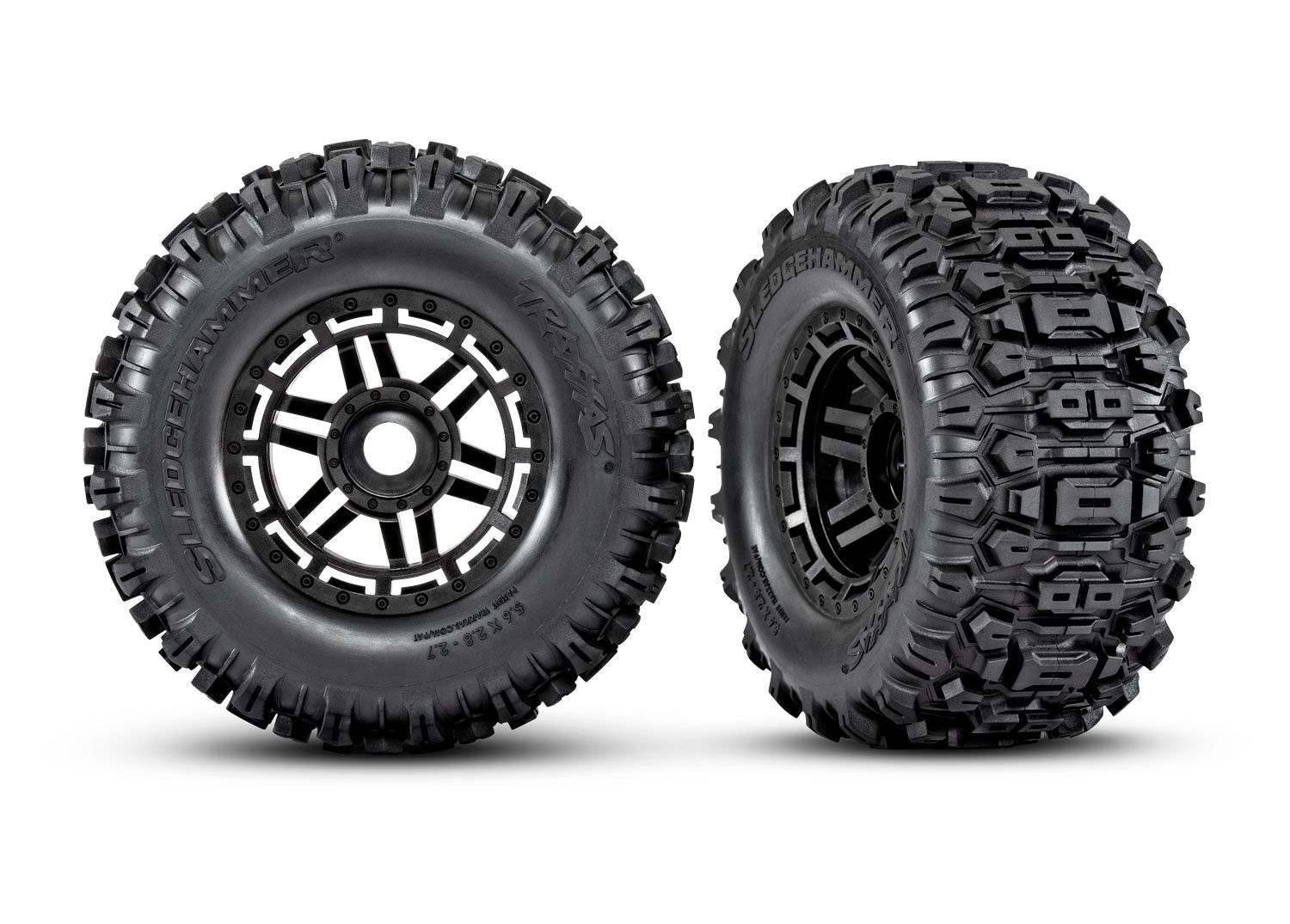 8973 - Tires &amp; wheels, assembled, glued (black wheels, dual profile (2.8' outer, 3.6' inner), Sledgehammer™ tires, foam inserts) (2) (17mm splined) (TSM® rated)