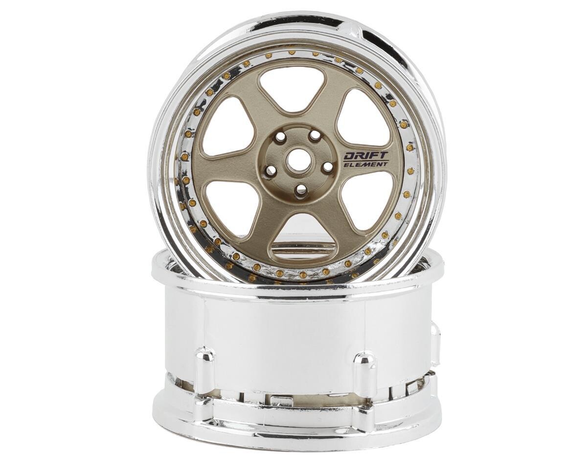 DSC-DE-216 DS Racing Drift Element 6 Spoke Drift Wheels (Gold &amp; Chrome w/Gold Rivets) (2) (Adjustable Offset) w/12mm Hex
