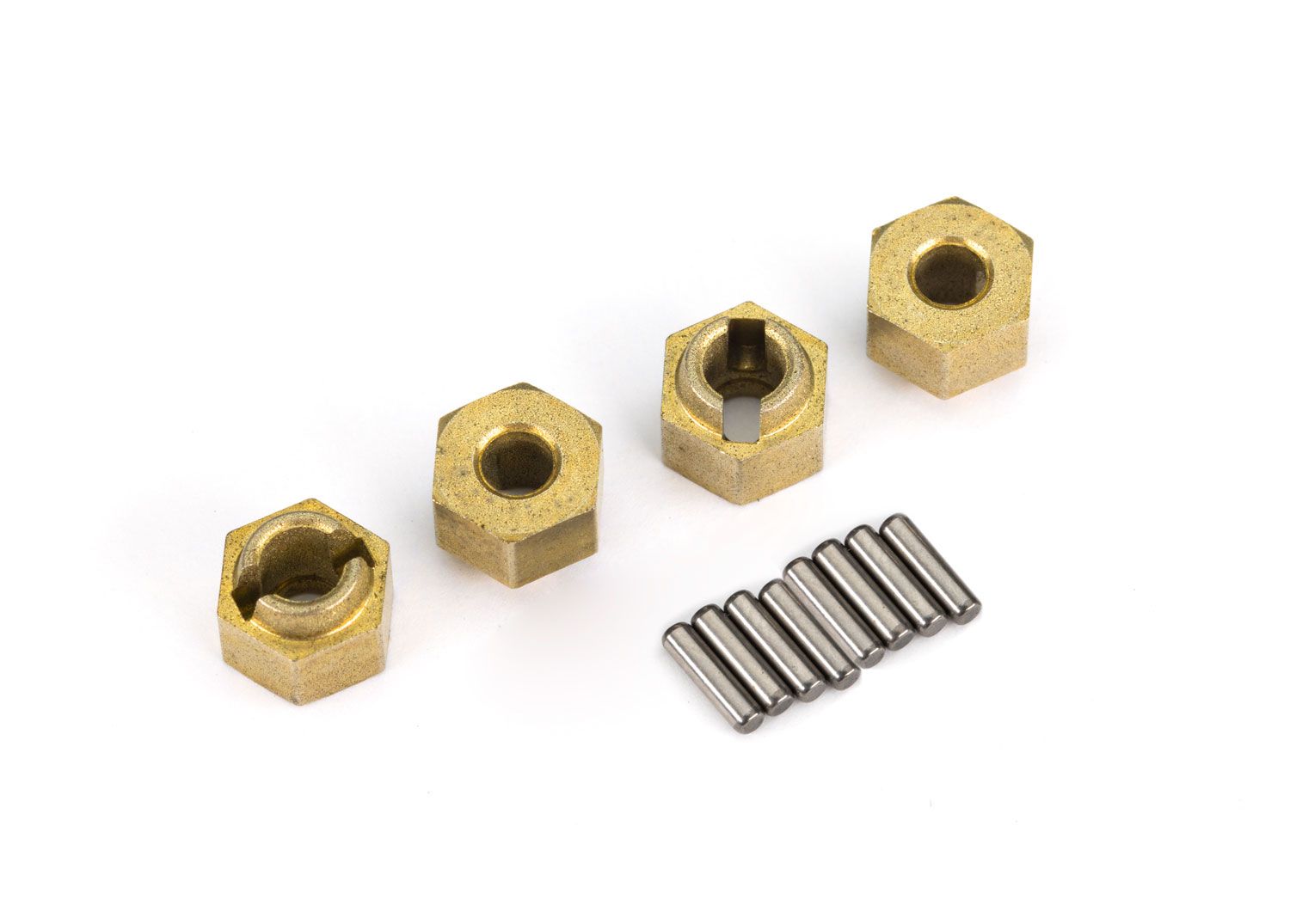 9750X - Wheel hubs, 7mm hex, brass (1 gram each) (4)/ axle pins (8)