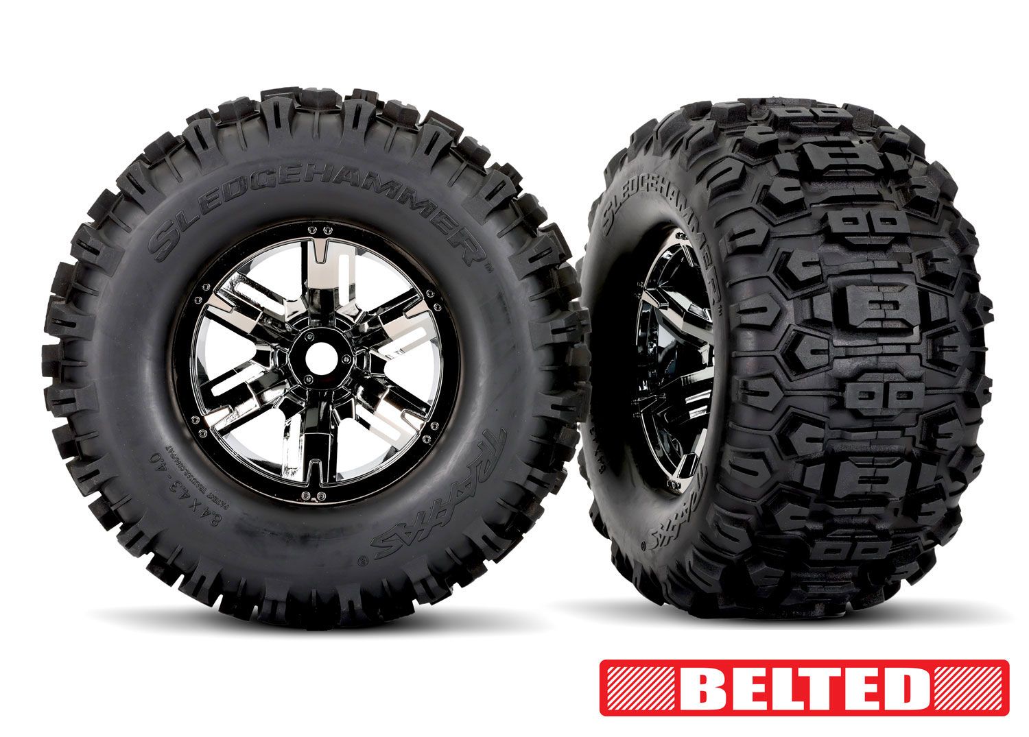 7871x Tires &amp; wheels, assembled, glued (X-Maxx® black chrome wheels, Sledgehammer® belted tires, dual profile (4.3" outer, 5.7" inner), foam inserts) (left &amp; right)