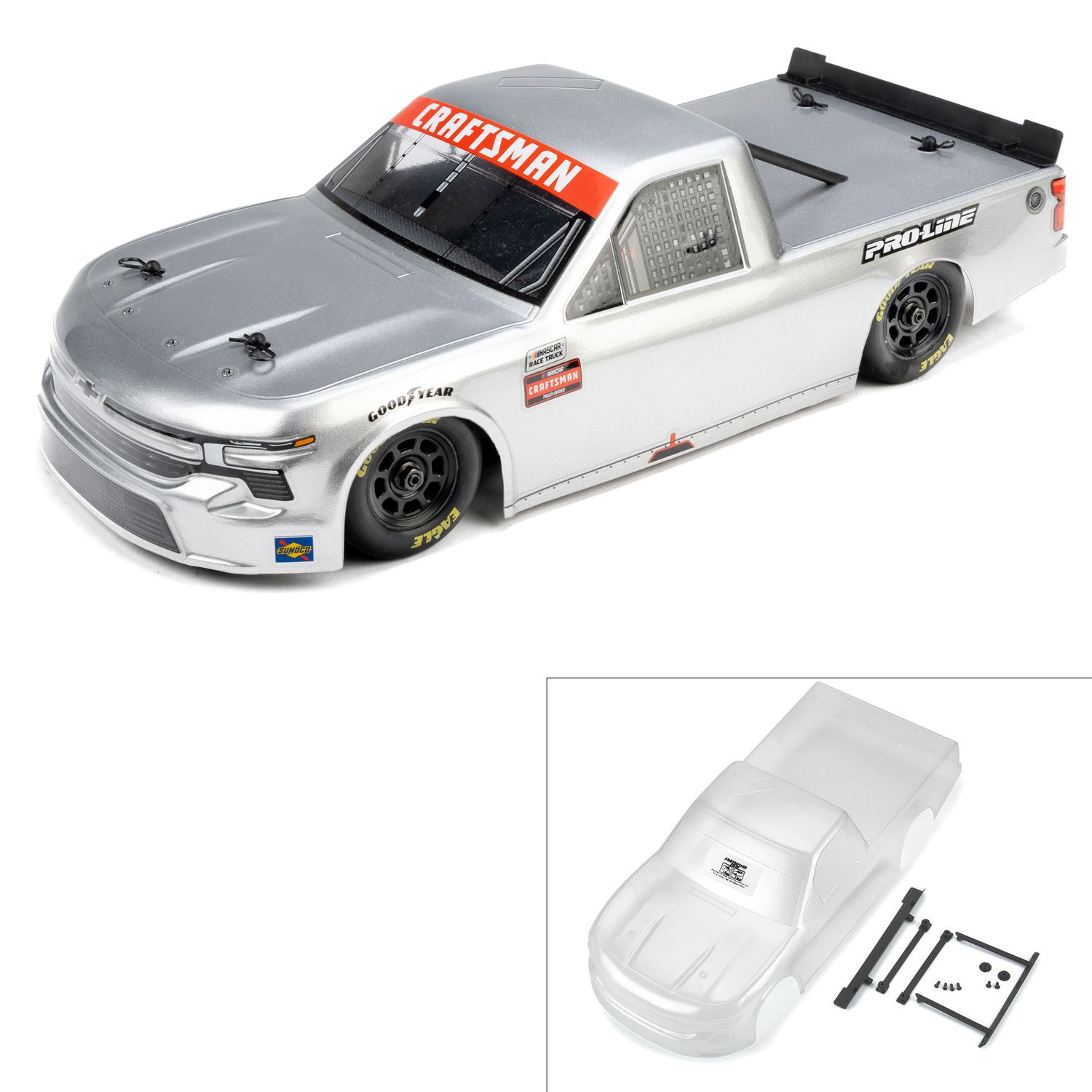 PRO365300 	Pre-Cut 2024 Chevrolet Silverado NASCAR Truck Series Clear Body for Losi NASCAR Racecar
