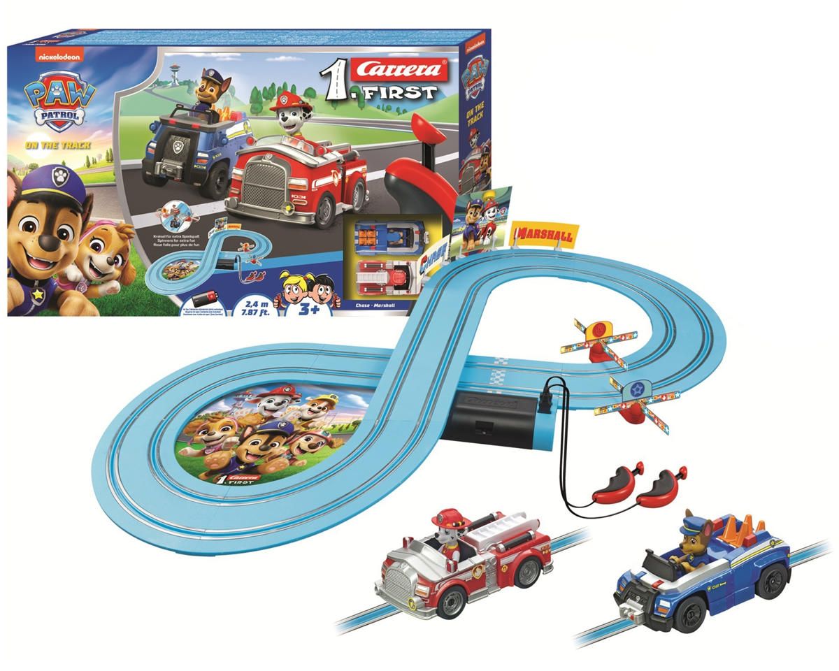 Carrera First Paw Patrol On the Track Slot Car Racing Track Set (Chase vs Marshall) w/Spinners