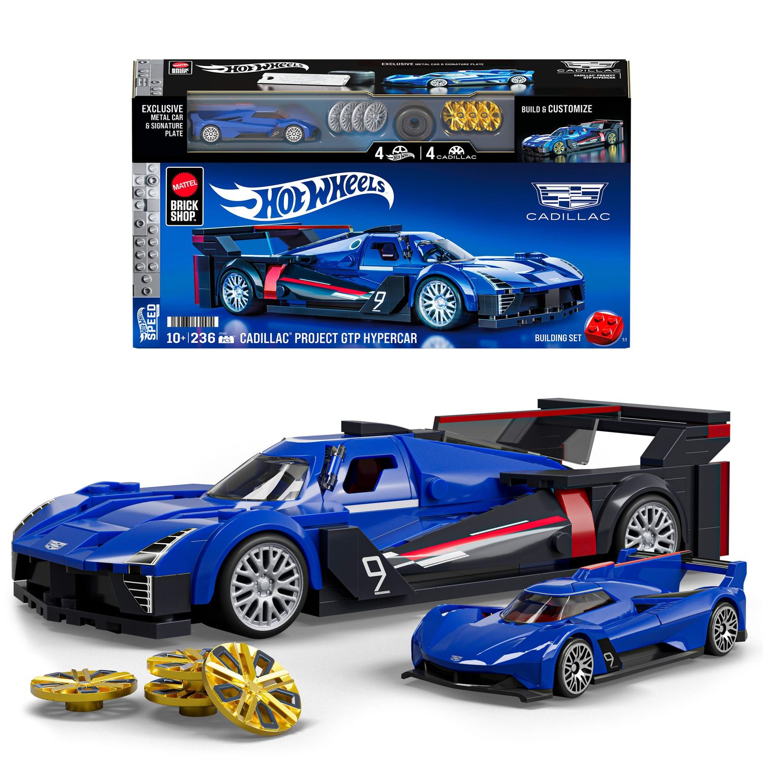 MTTJFR89 Mattel Brick Shop™ Hot Wheels® Cadillac® Project GTP Hypercar Set w/Die-Cast Cadillac Project GTP Hypercar