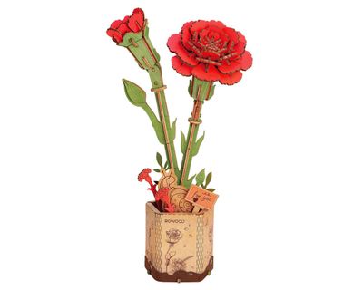 Robotime Rowood Wooden Bloom Craft Red Carnation DIY Flower 3D Wooden Model Kit *DISC
