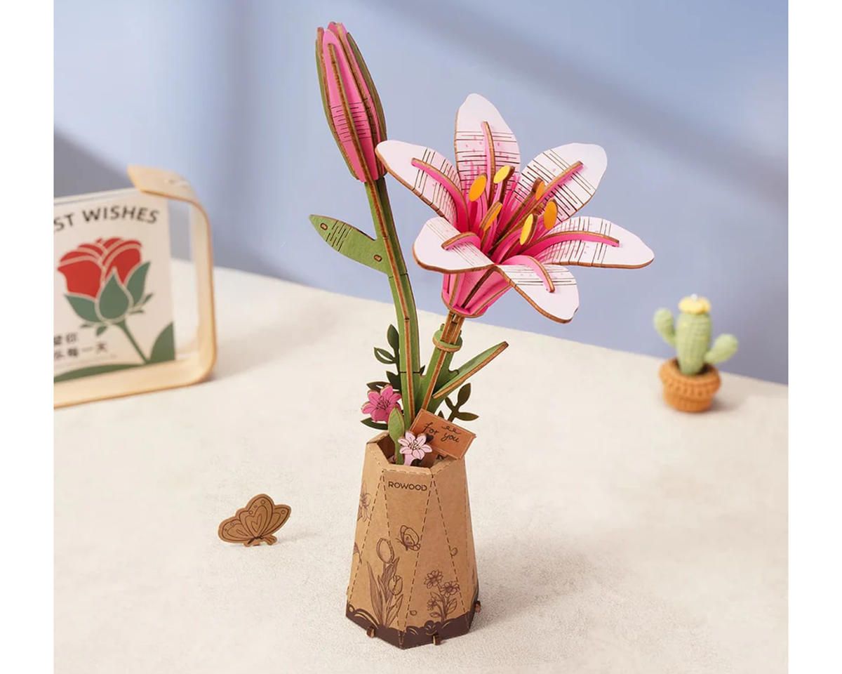 Robotime Rowood Wooden Bloom Craft Pink Lily DIY Flower 3D Wooden Model Kit