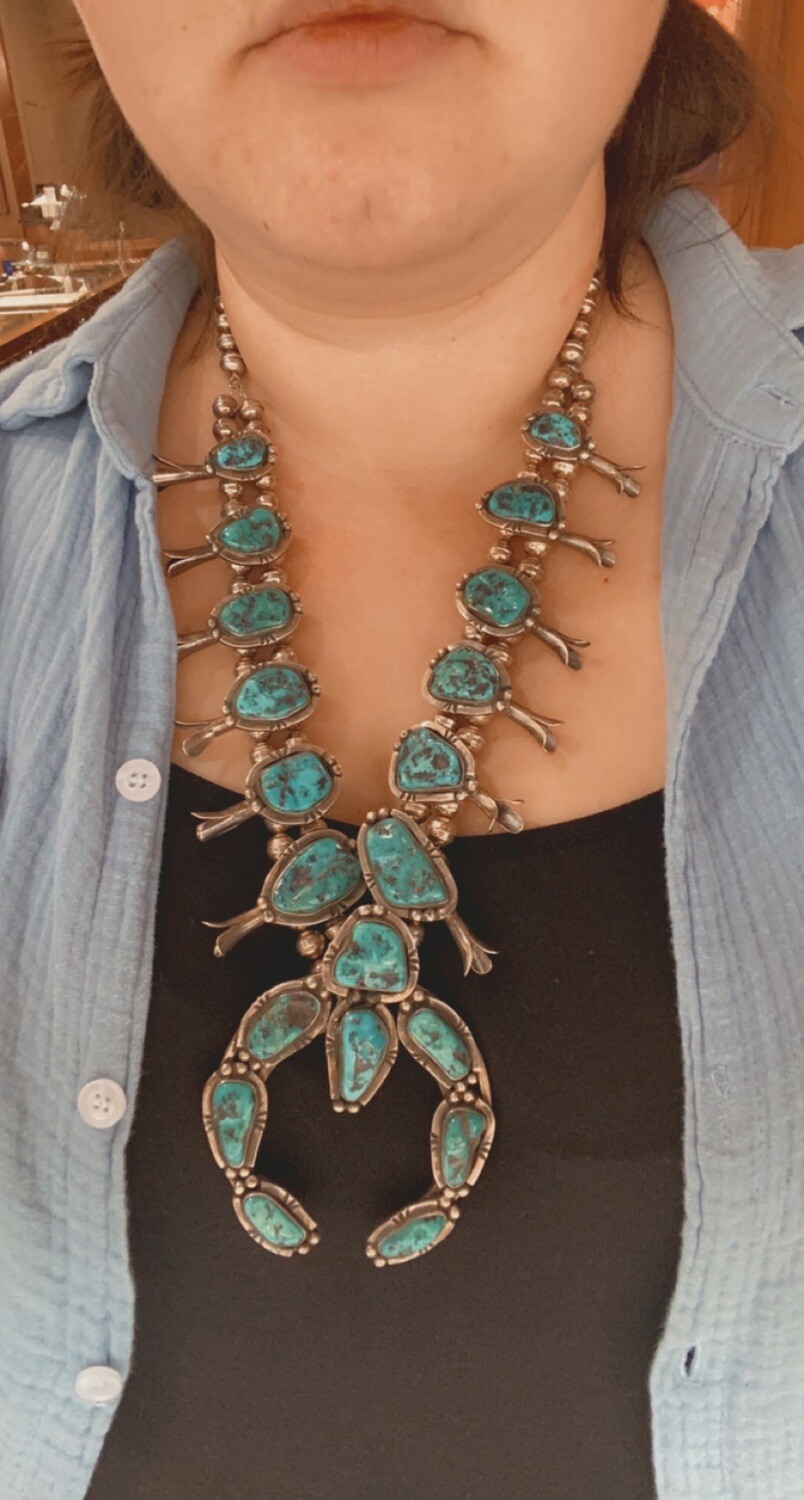 Navajo Turquoise Sterling Silver Squash Blossom Necklace - Yourgreatfinds