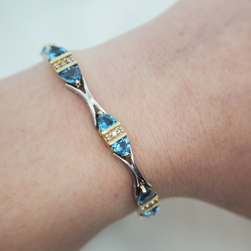 8CTW Trillion Cut Blue Topaz ,Two-Tone 14k Gold Bracelet with Diamonds
