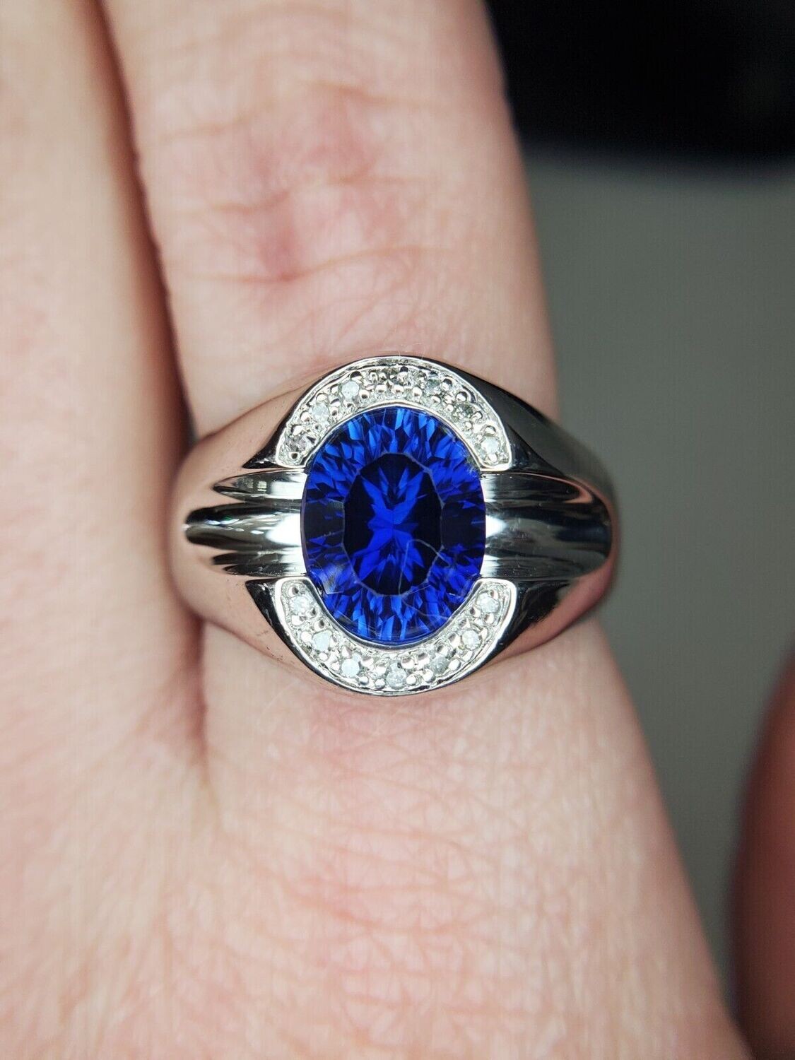 10k Mens Ring 3ct Synthetic Blue Sapphire with Natural Diamonds