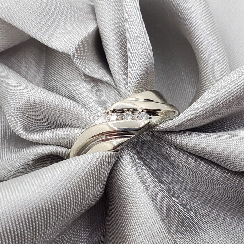 10k White Gold Mens Three Diamond Wave Ring