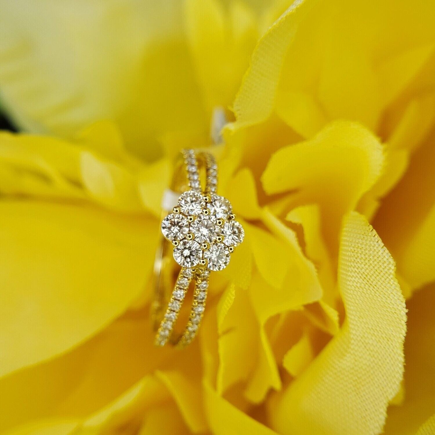 14k Yellow Gold Flower Split Shank Natural Diamond Ring