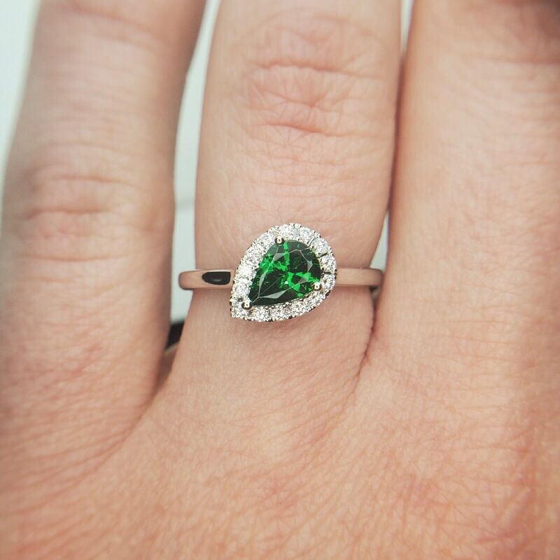 14k White Gold, Off-Set Natural Tsavorite Garnet and Diamond Ring