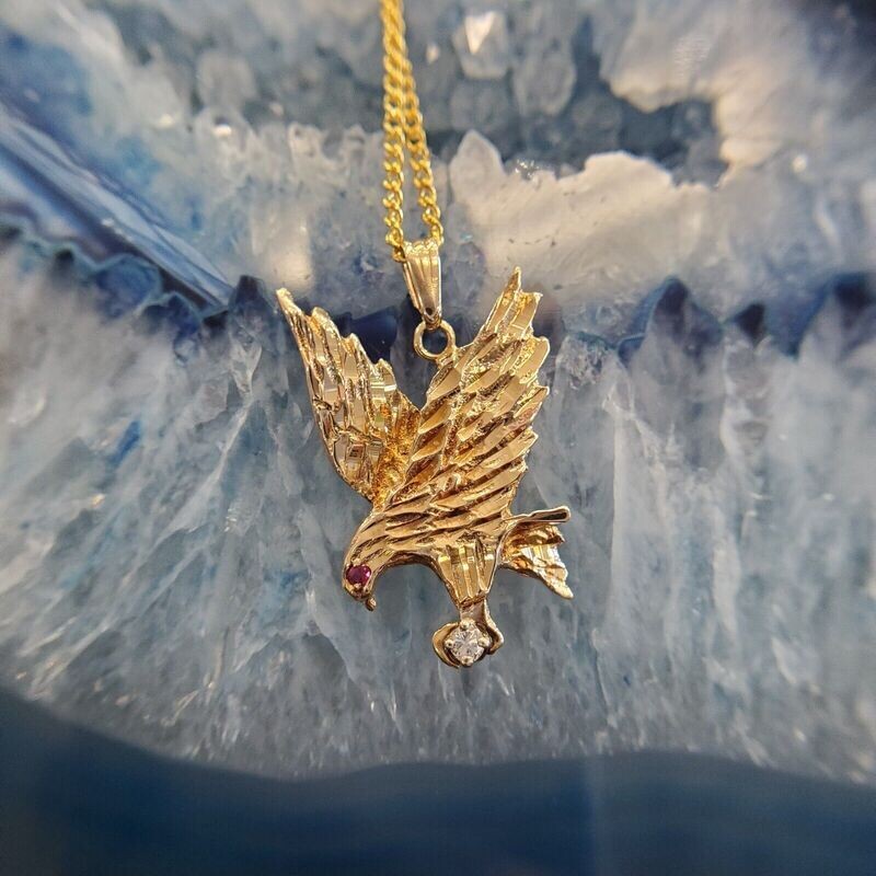 14k Diamond Cut Eagle with Ruby and Diamond Pendant
