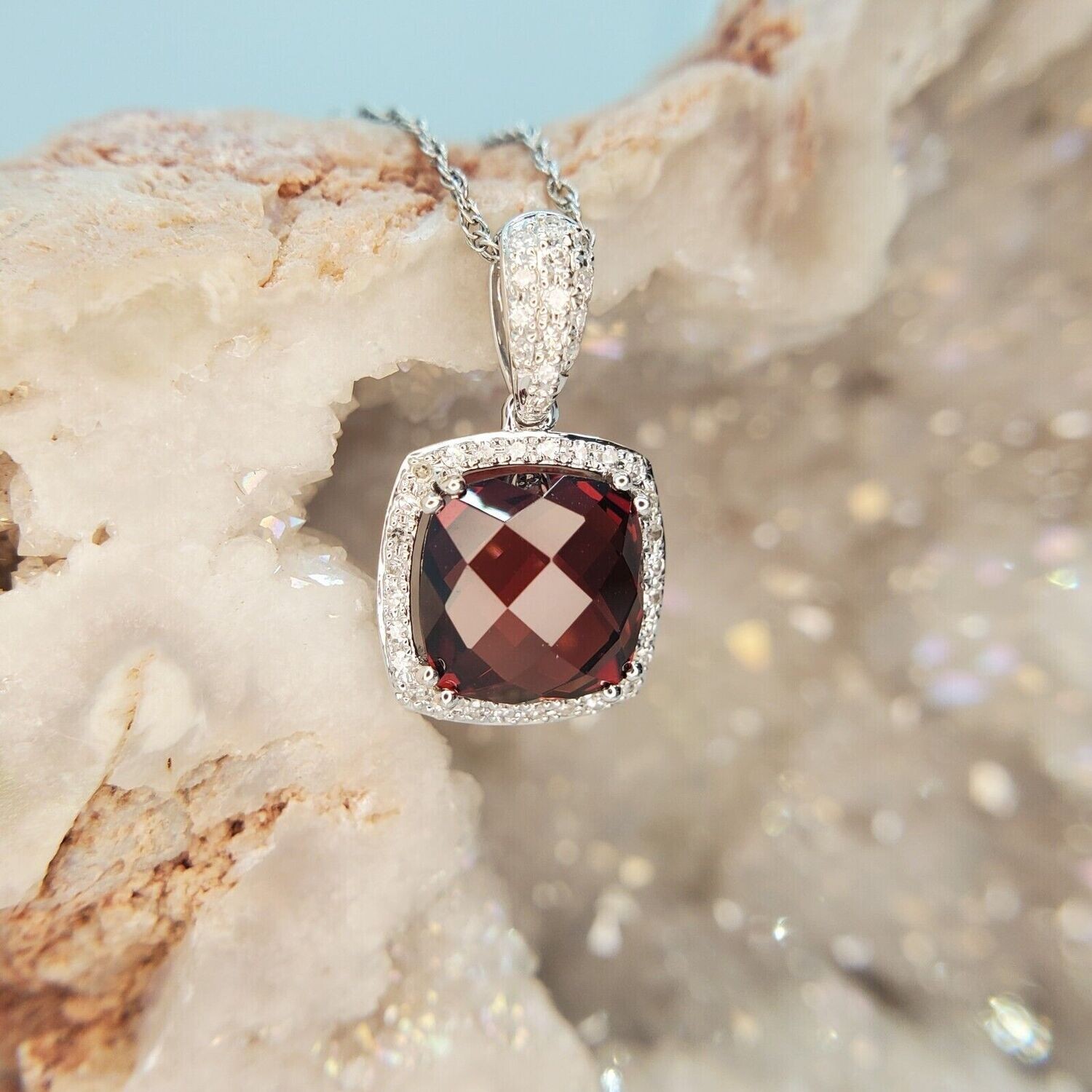 14k White Gold Pillow Top Antique Cushion Garnet and Diamond Halo Necklace
