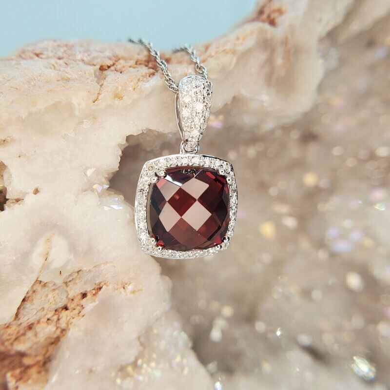 14k White Gold Pillow Top Antique Cushion Garnet and Diamond Halo Necklace