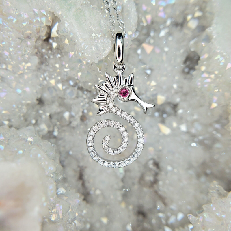 14K White Gold Seahorse, Natural Diamonds and Ruby on 18" Chain