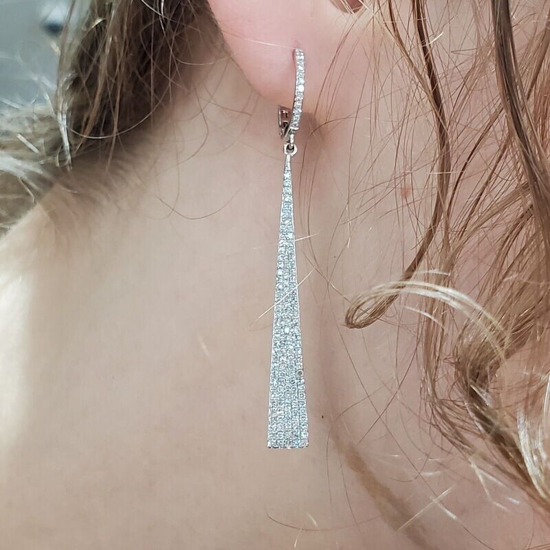 14k White Gold Stick Style Tapered Diamond Dangle Earrings