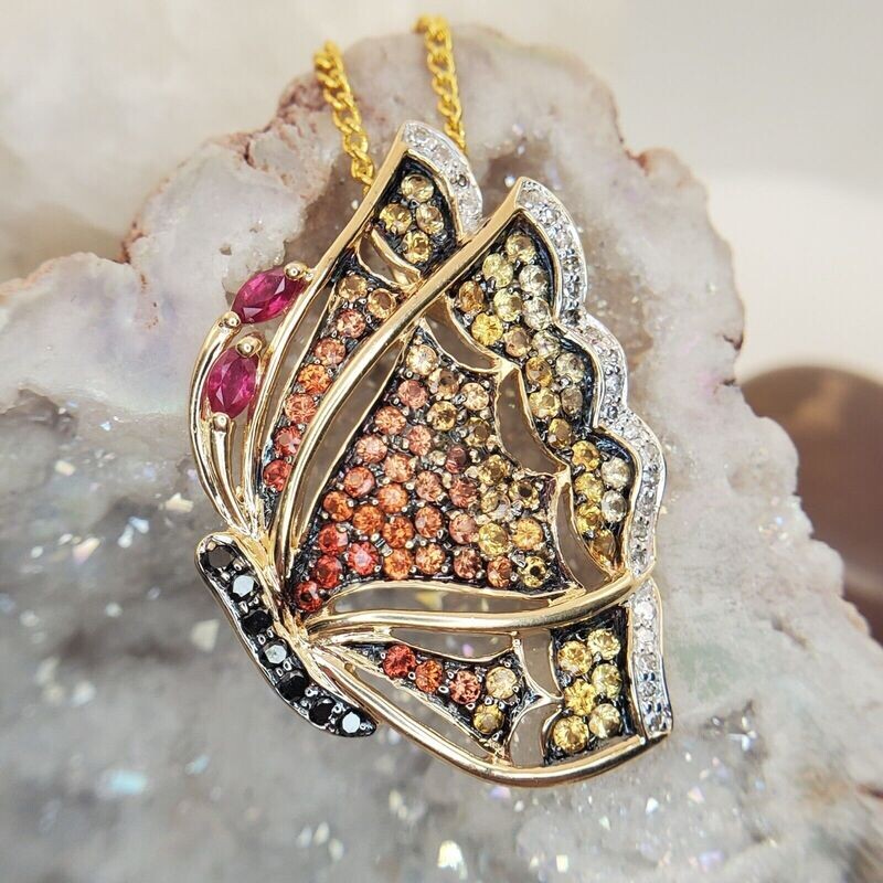 14k Gold Natural Sapphire/Ruby/Diamond Butterfly Pendant .85CTW