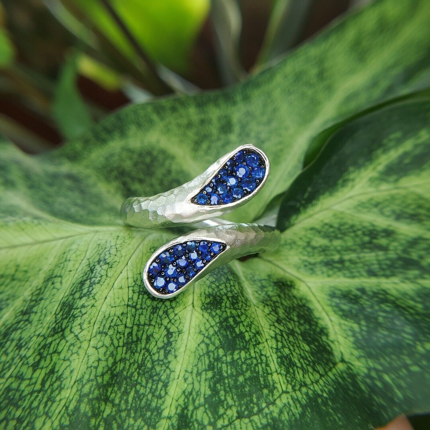 925 Hammered Sterling Silver Blue Sapphire Bypass Ring