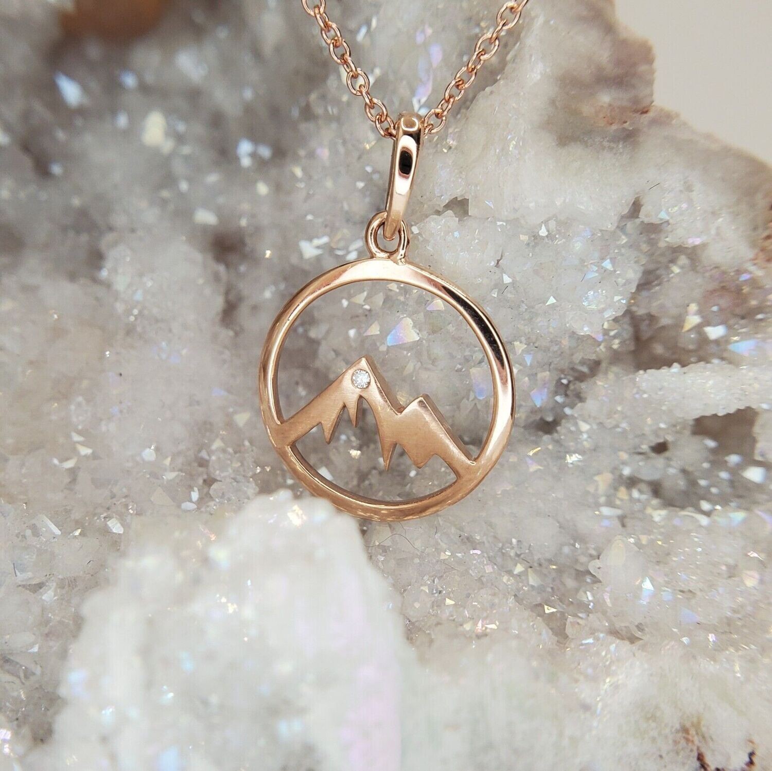 14k Rose Gold Mountain and Diamond Pendant with 10k Cable Chain