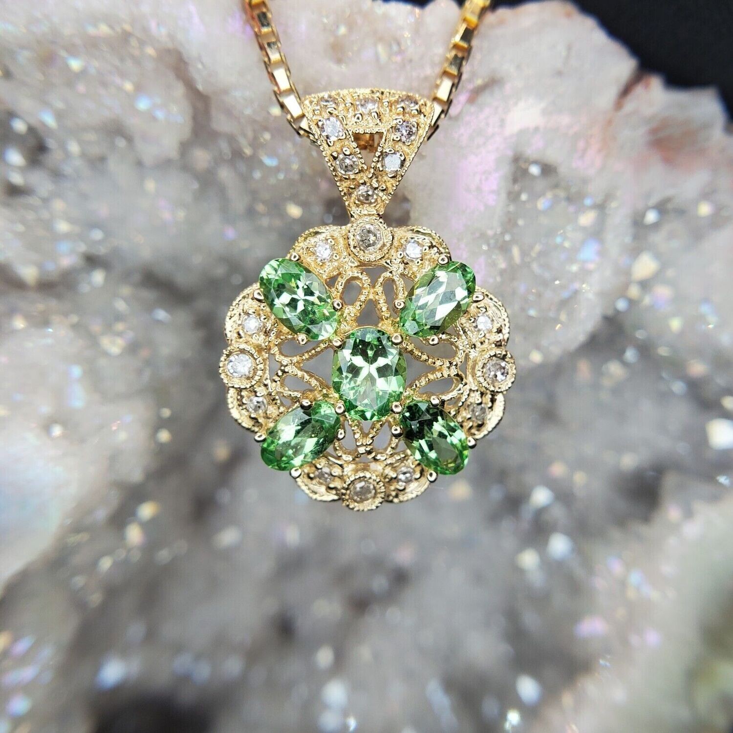 14k Tsavorite Grossular Garnet Pendant with Diamonds and Box Link Chain