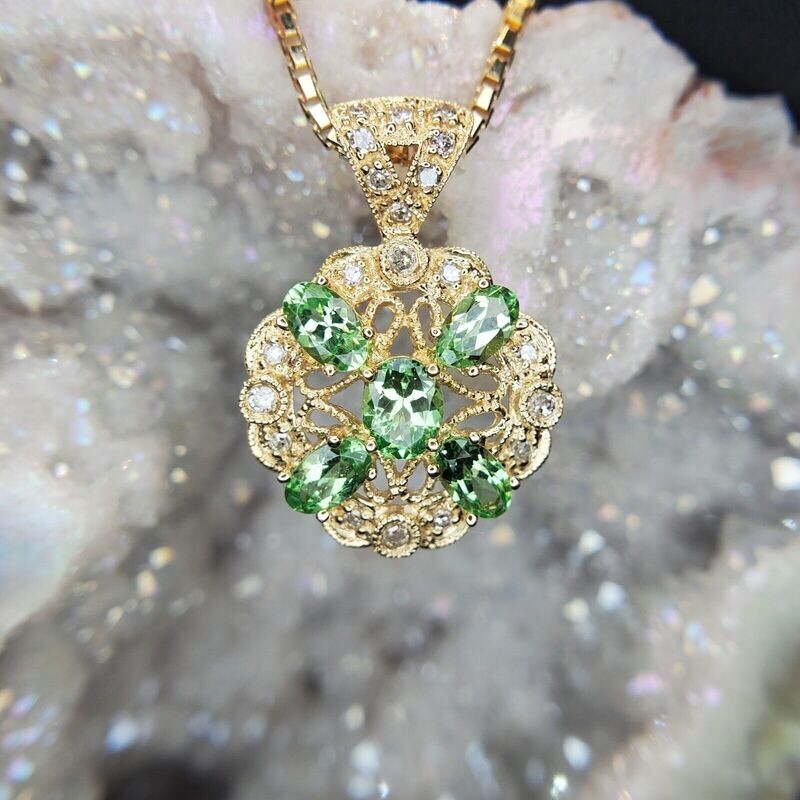 14k Tsavorite Grossular Garnet Pendant with Diamonds and Box Link Chain