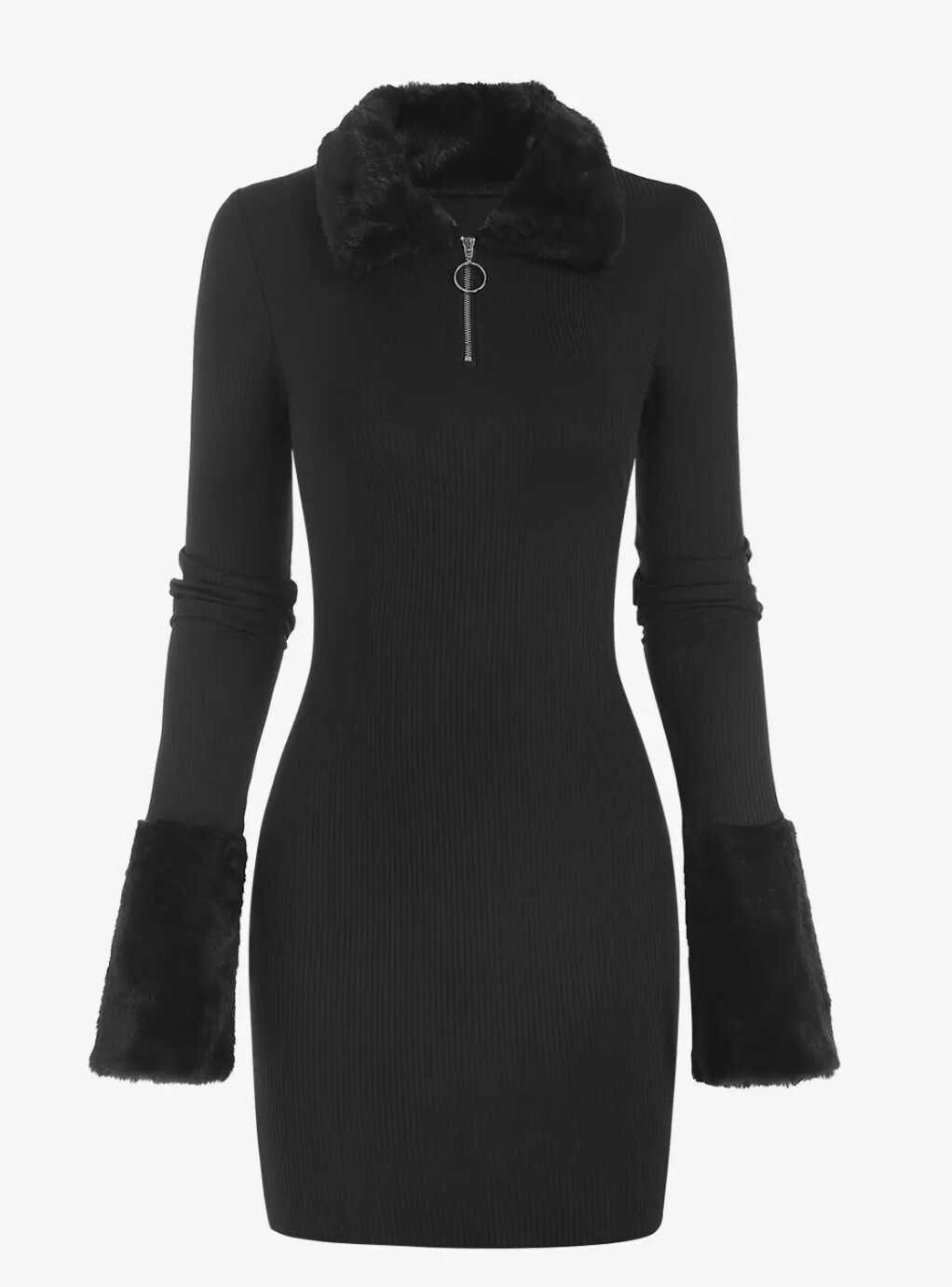 women’s V Neck O ring Quarter zip faux fur fluffy spliced long sleeves solid color mini bodycon sweater dress
