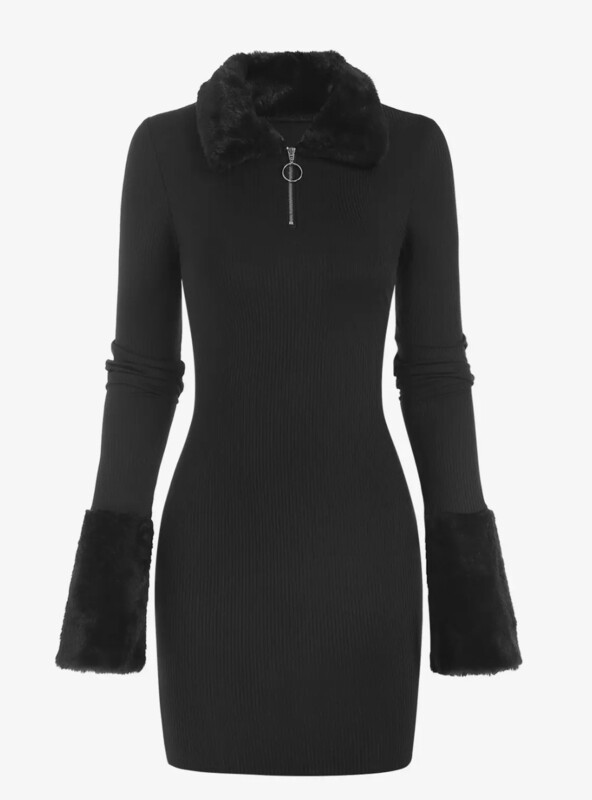 women’s V Neck O ring Quarter zip faux fur fluffy spliced long sleeves solid color mini bodycon sweater dress