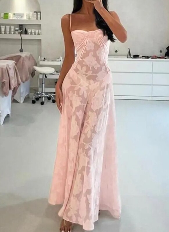 Women&#39;s Sexy Sheer Spaghetti Strap Floral Jacquard Cupped Backless Drop Waist Maxi Long Dress For Prom Party - Light Pink