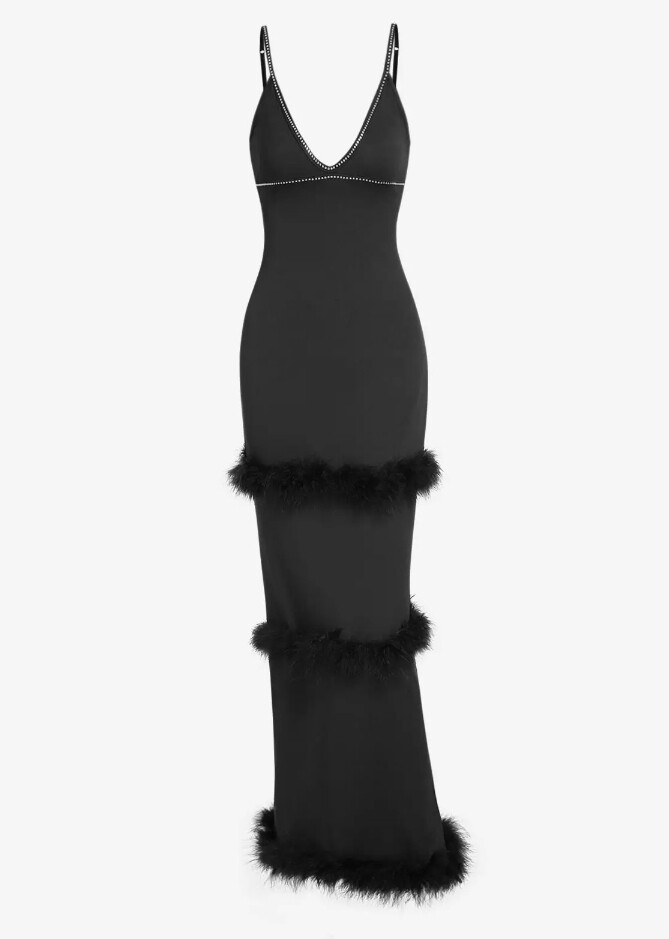 Women&#39;s Sexy Elegant Party Prom Eveing Gown Rhinestones Decor Feathers Trim Layered Back Slit Open Back Spaghetti Strap Cami Slinky Maxi Dress - Black M