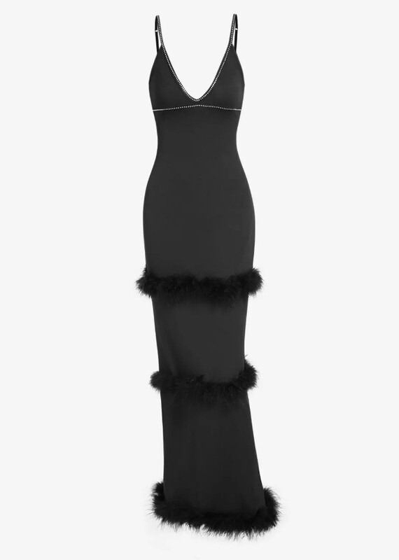 Women&#39;s Sexy Elegant Party Prom Eveing Gown Rhinestones Decor Feathers Trim Layered Back Slit Open Back Spaghetti Strap Cami Slinky Maxi Dress - Black M