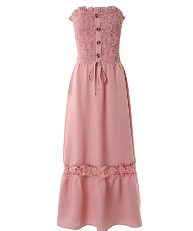 Bandeau shirred lace patch  maxi dress
