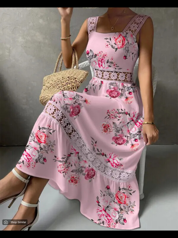 Floral print lace patch sleeveless maxi dress