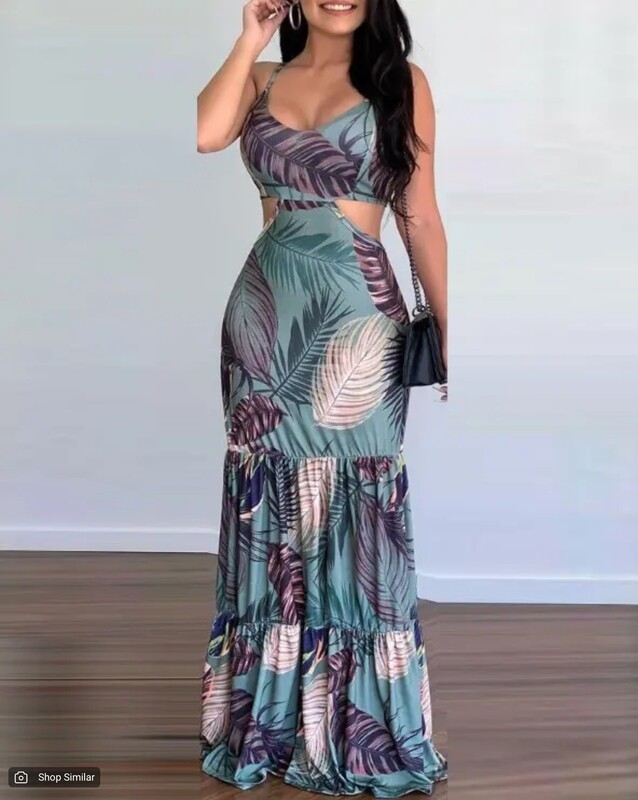 Tropical print Cutout ruffle  hem cami maxi dress