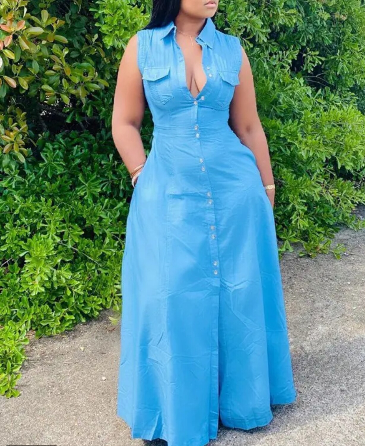 Pocket design  button front slit maxi dress
