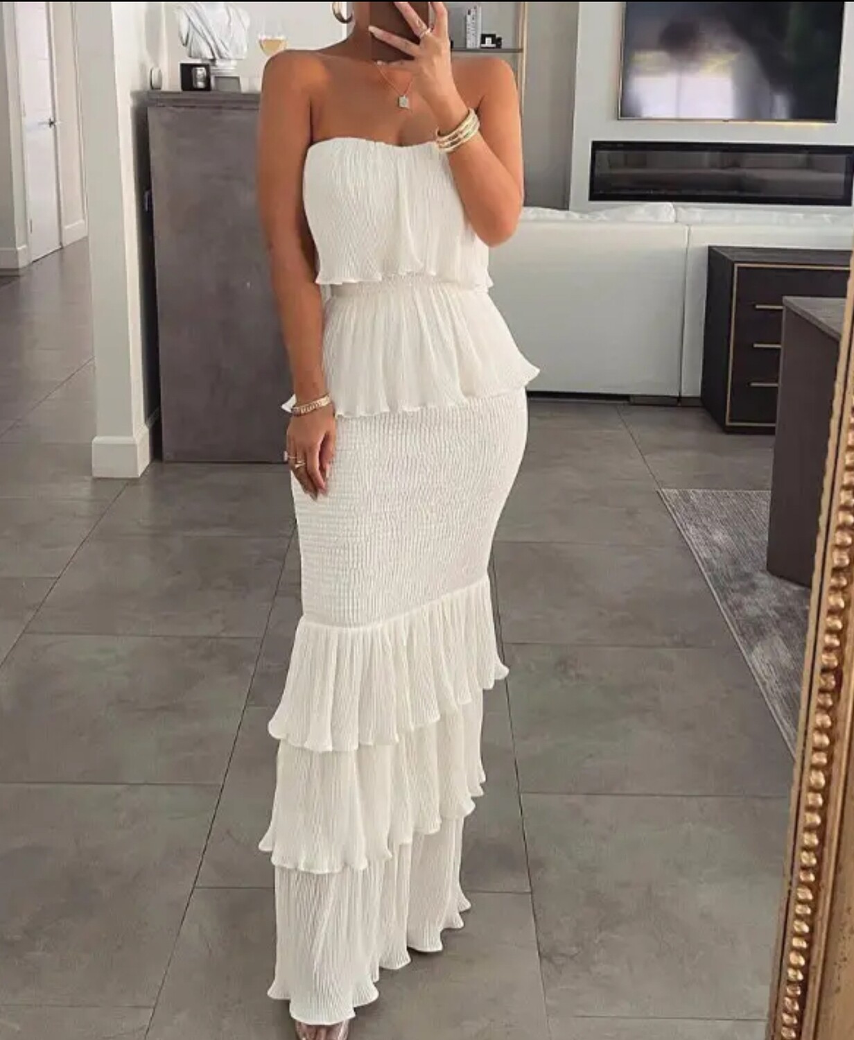 Bandeau shirred ruffle hem layered dress