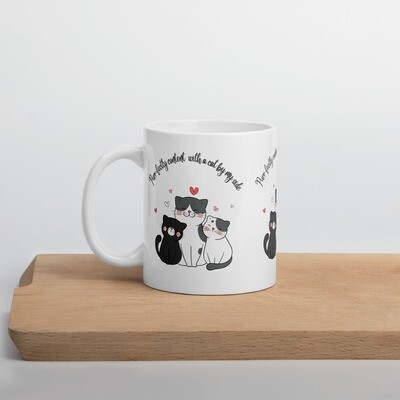 Purr-fectly content with a cat by my side, white glossy mug