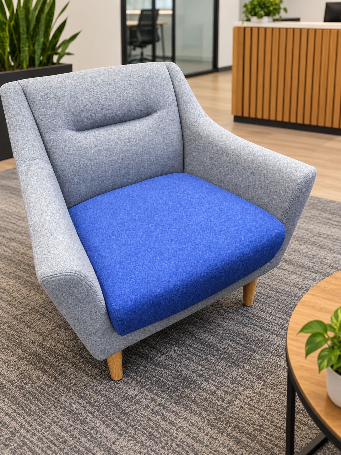 Orangebox Grey &amp; Blue Upholstered Lounge / Reception Chair – Wooden Legs