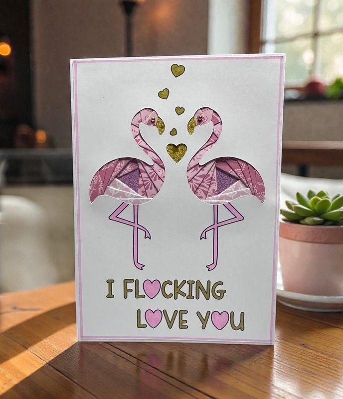 Flamingo Iris folding pattern template downloadable svg file for machine cutting and PDF for hand cutting. Humorous Flamingo card