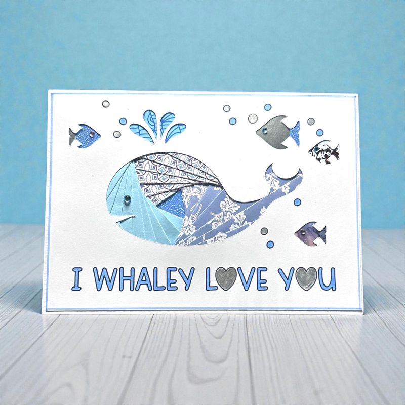 Whale Iris folding pattern template downloadable svg file for machine cutting and PDF for hand cutting.  Humorous Whale card