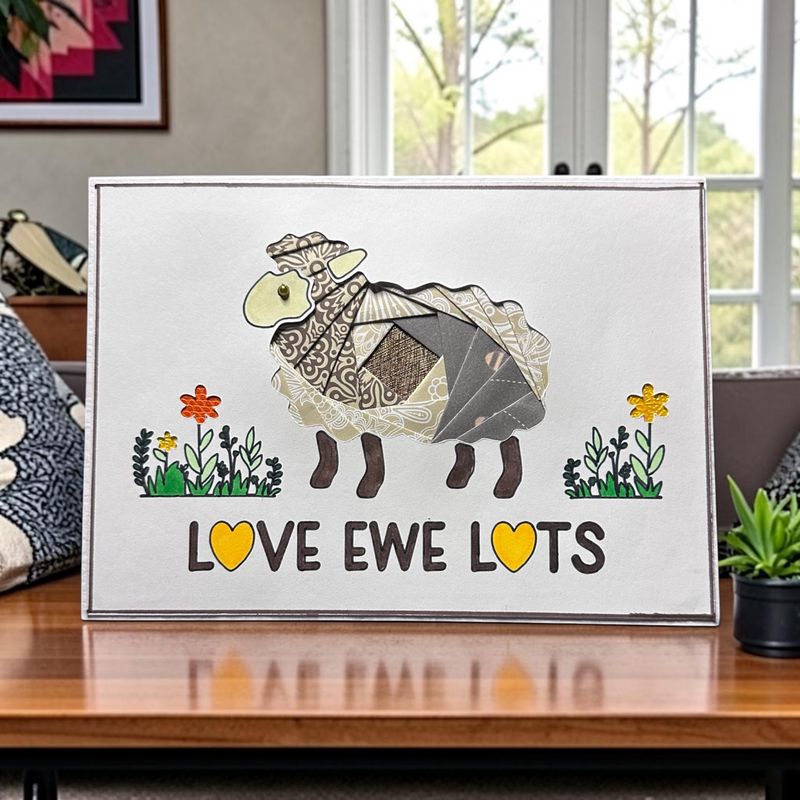 Ewe Iris folding pattern template downloadable svg file for machine cutting and PDF for hand cutting. Humorous Sheep card